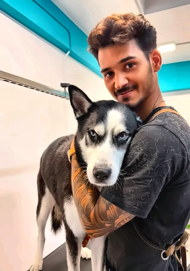 Cuidador de Nova's Pet Shop abrazando a una husky después del baño en Mataró